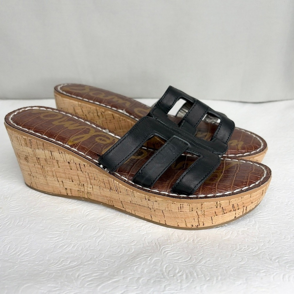 Sam Edelman Ronie Logo Black Leather Cork Wedge Platform Sandals Womens 8.5 M